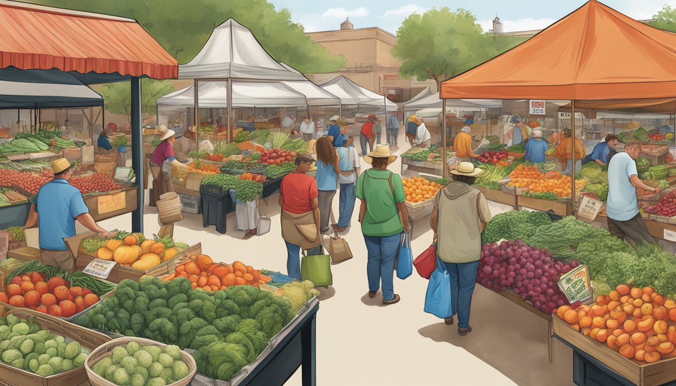 A bustling farmers' market with HEB signage, showcasing a variety of locally grown produce and livestock from Texas farms and ranches