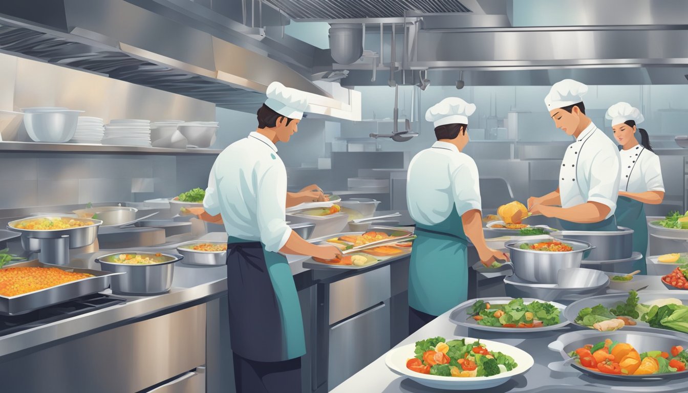 Busy chefs prepare and plate a variety of fresh, colorful dishes in a bustling commercial kitchen. A supervisor oversees the operation, ensuring efficiency and quality