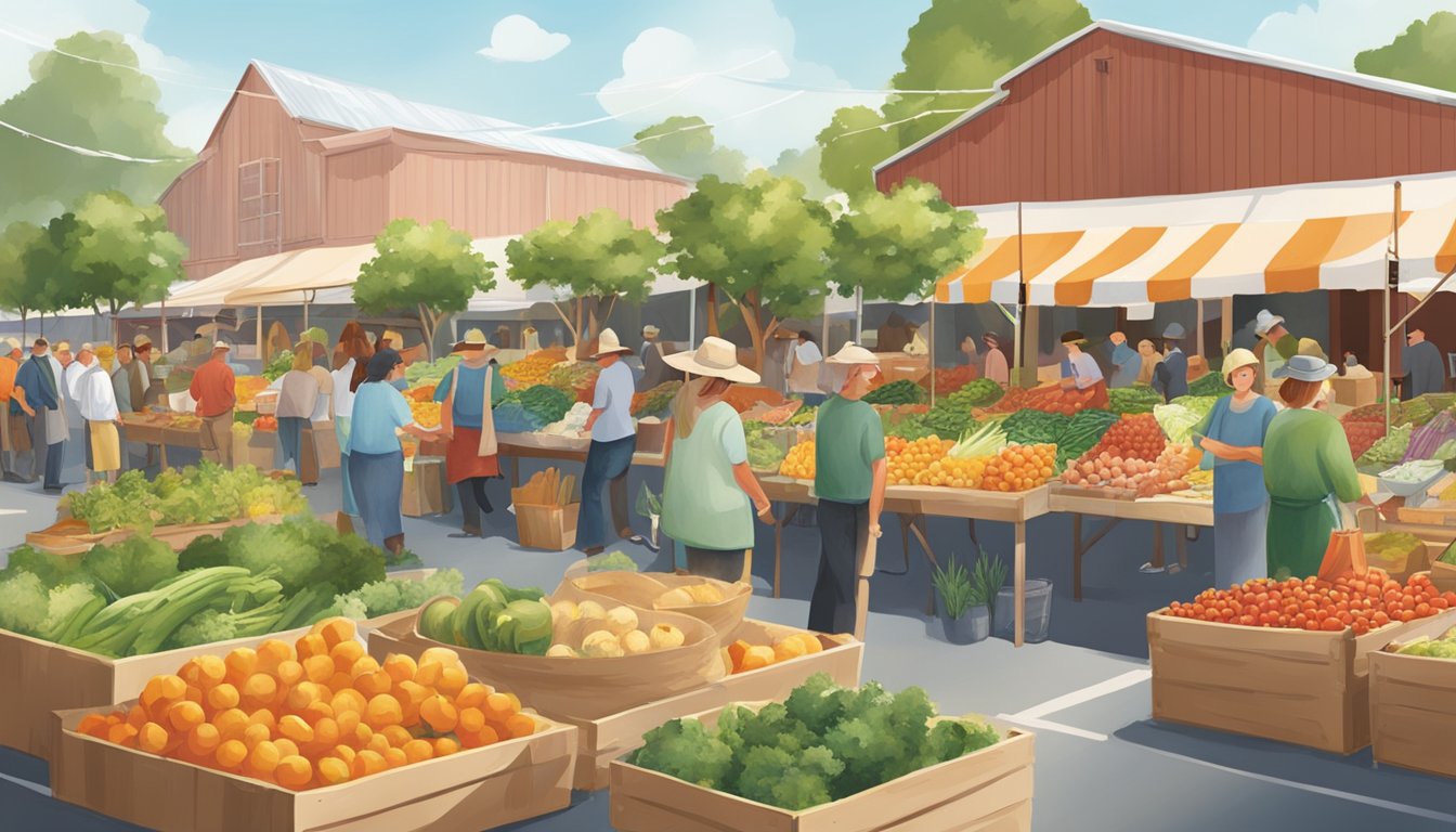 A bustling farmers' market with HEB banners, showcasing local produce and livestock. Customers engage with farmers, creating a sense of community and economic support