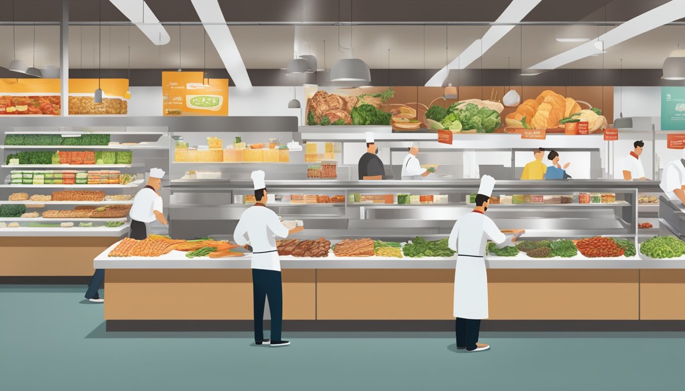 A bustling HEB prepared foods section, with chefs crafting gourmet dishes, a wide array of ready-to-eat options, and customers browsing the selection