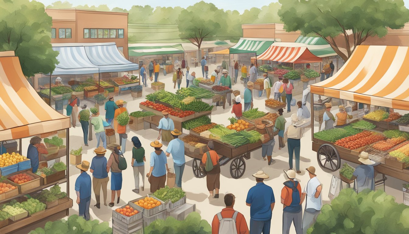 A bustling farmers market with HEB representatives engaging with local farmers and ranchers, showcasing Texas-grown produce and livestock