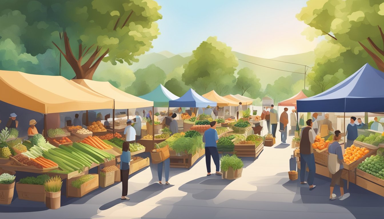 A bustling farmers market with a variety of locally made products and small businesses, surrounded by lush greenery and sustainable practices