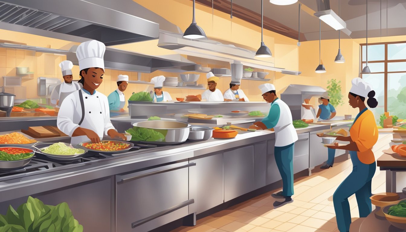 Busy chefs preparing fresh, colorful dishes in a bright, open kitchen. Customers eagerly browsing a wide array of delicious, ready-to-eat options