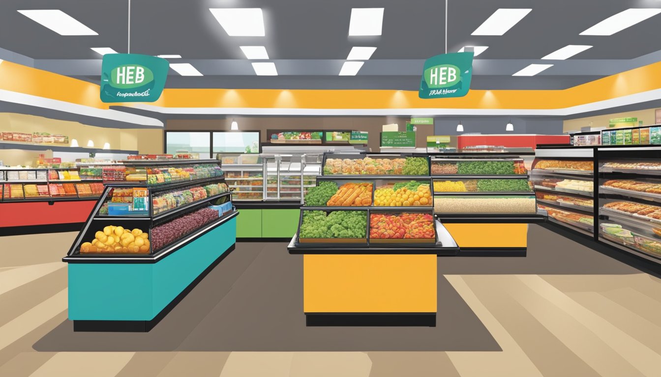 HEB's prepared foods section expanding with new display cases and a variety of fresh, colorful dishes. Bright lighting highlights the selection, with customers browsing and chatting with staff