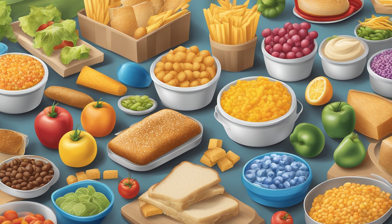 A colorful display of various food items arranged in a promotional meal deal at an HEB grocery store