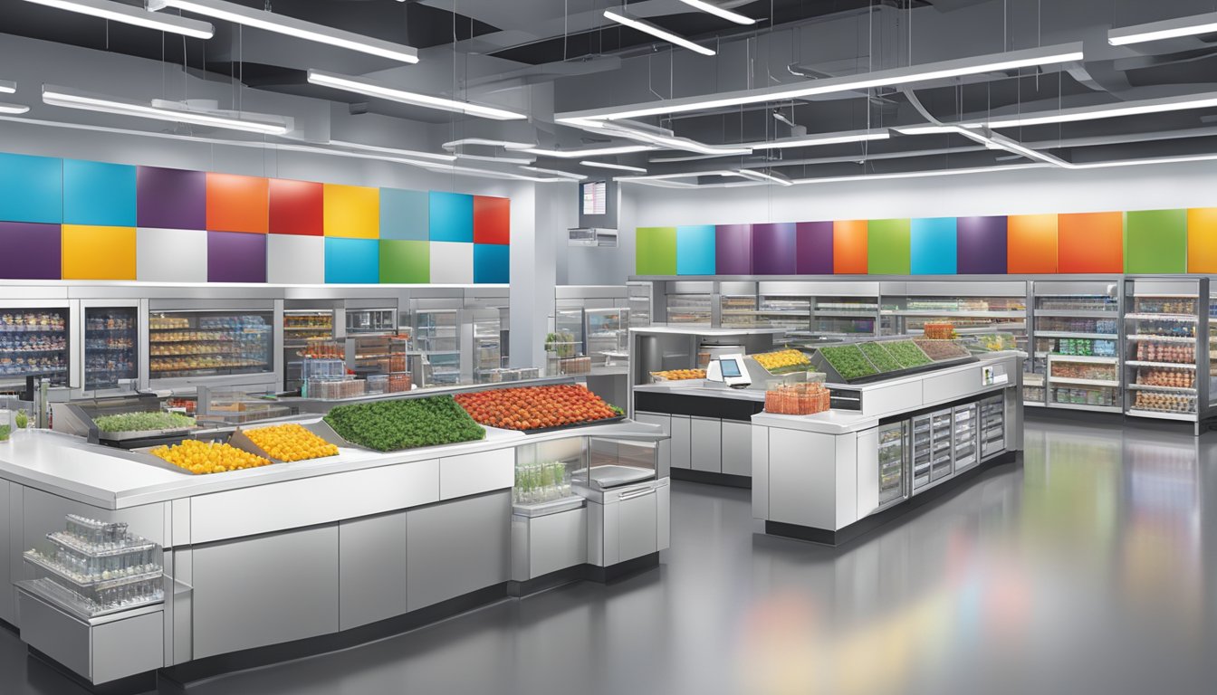 A modern, sleek digital technology center with cutting-edge equipment and innovative design, showcasing H-E-B's commitment to advancing retail technology