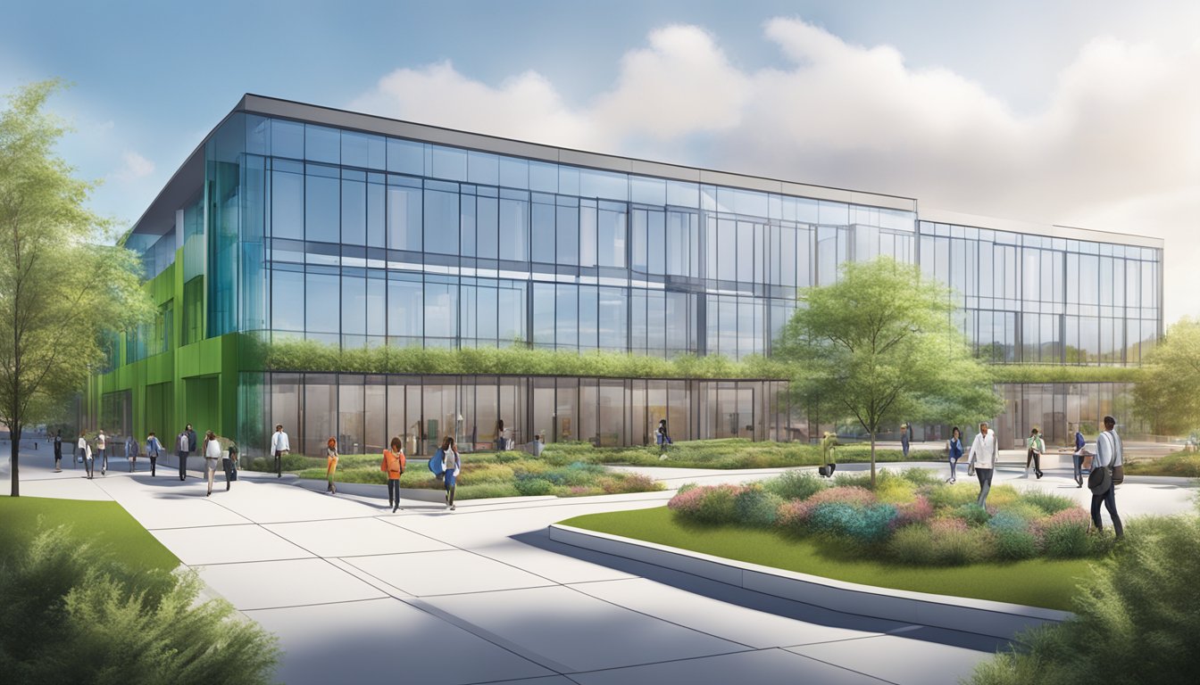 The HEB Digital Technology Center: A modern, sleek building with large glass windows, surrounded by greenery and bustling with activity