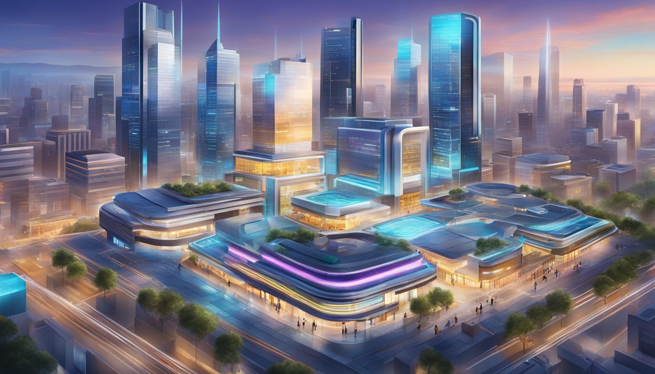 A bustling, modern tech center with sleek architecture and cutting-edge digital displays, surrounded by a vibrant cityscape