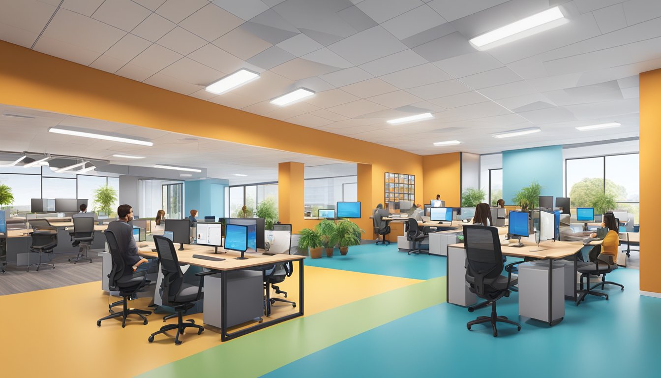 The HEB Digital Technology Center: A modern, open-concept workspace with collaborative areas, cutting-edge technology, and vibrant company culture