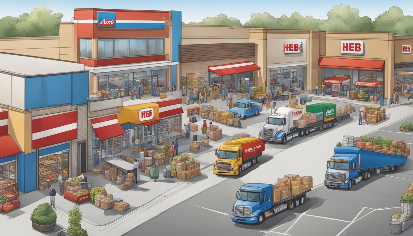 HEB store surrounded by bustling businesses, trucks unloading goods, and a diverse workforce