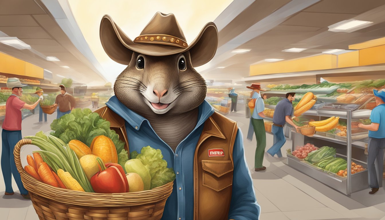 A smiling cowboy hat-wearing armadillo holding a basket of groceries, surrounded by friendly, helpful H-E-B employees