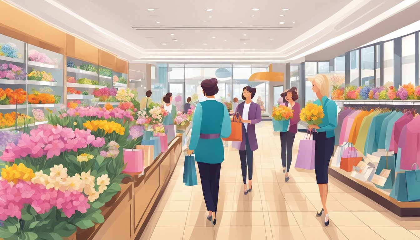 A vibrant display of colorful flowers and elegant gift items arranged neatly in the department store, with customers browsing and making purchases