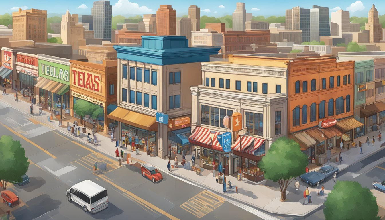 A bustling Texas city skyline with HEB storefronts, surrounded by diverse communities and local businesses