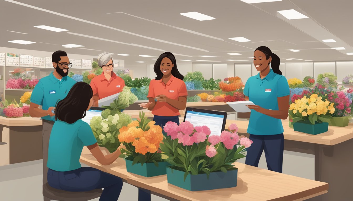 A team of HEB employees brainstorming and designing floral arrangements and gift displays for the store's new partnership and collaboration initiative