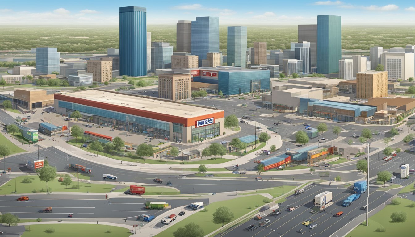 A bustling Texas city skyline with HEB stores and distribution centers, surrounded by a network of highways and bustling with economic activity