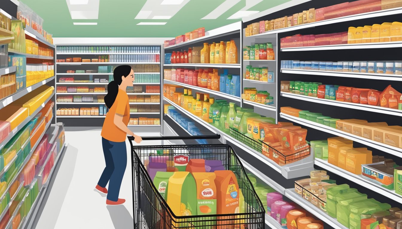 A friendly HEB employee assisting a customer with a smile, surrounded by shelves stocked with a wide variety of products