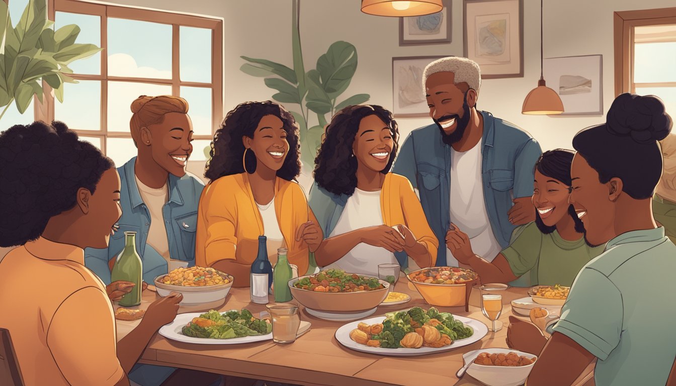 A group of diverse people gather around a communal table, sharing food and laughter in a warm, welcoming space. A sense of generosity and community is palpable in the air