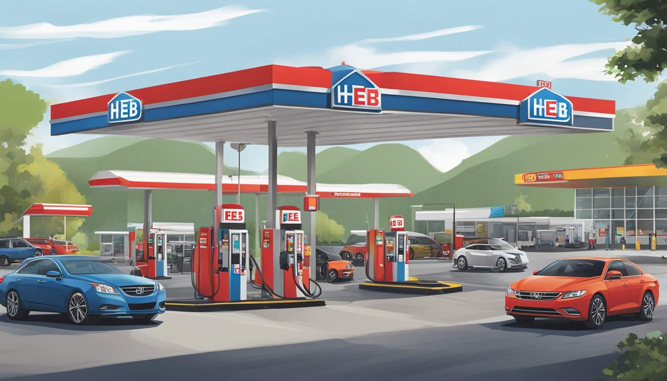 A bustling H-E-B fuel station with cars fueling up, a car wash in operation, and the iconic H-E-B logo prominently displayed