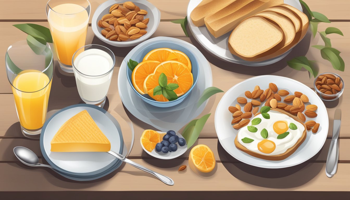 A table set with a variety of healthy breakfast options, including fruits, whole grain bread, yogurt, and nuts, with a glass of orange juice