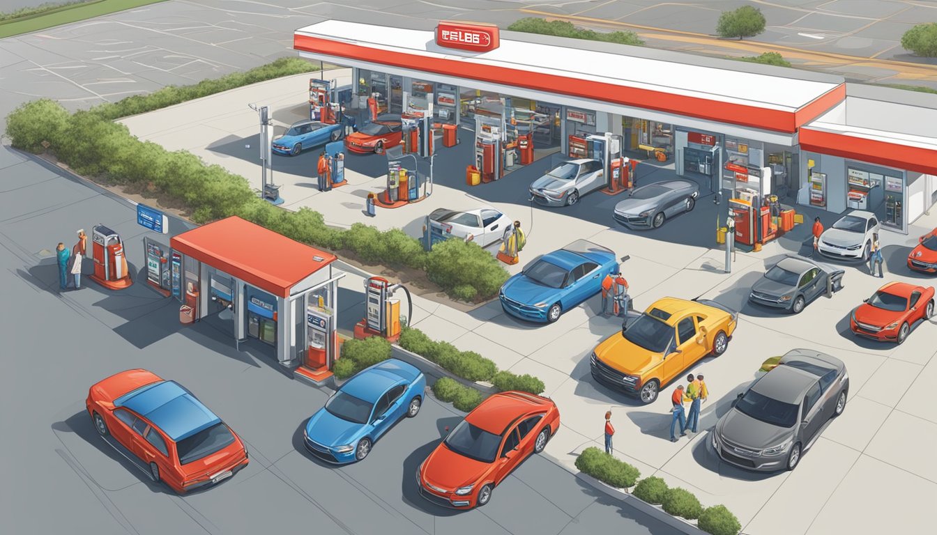 A busy H-E-B fuel station with cars lined up for the car wash, workers cleaning and maintaining the equipment, and customers waiting or shopping nearby