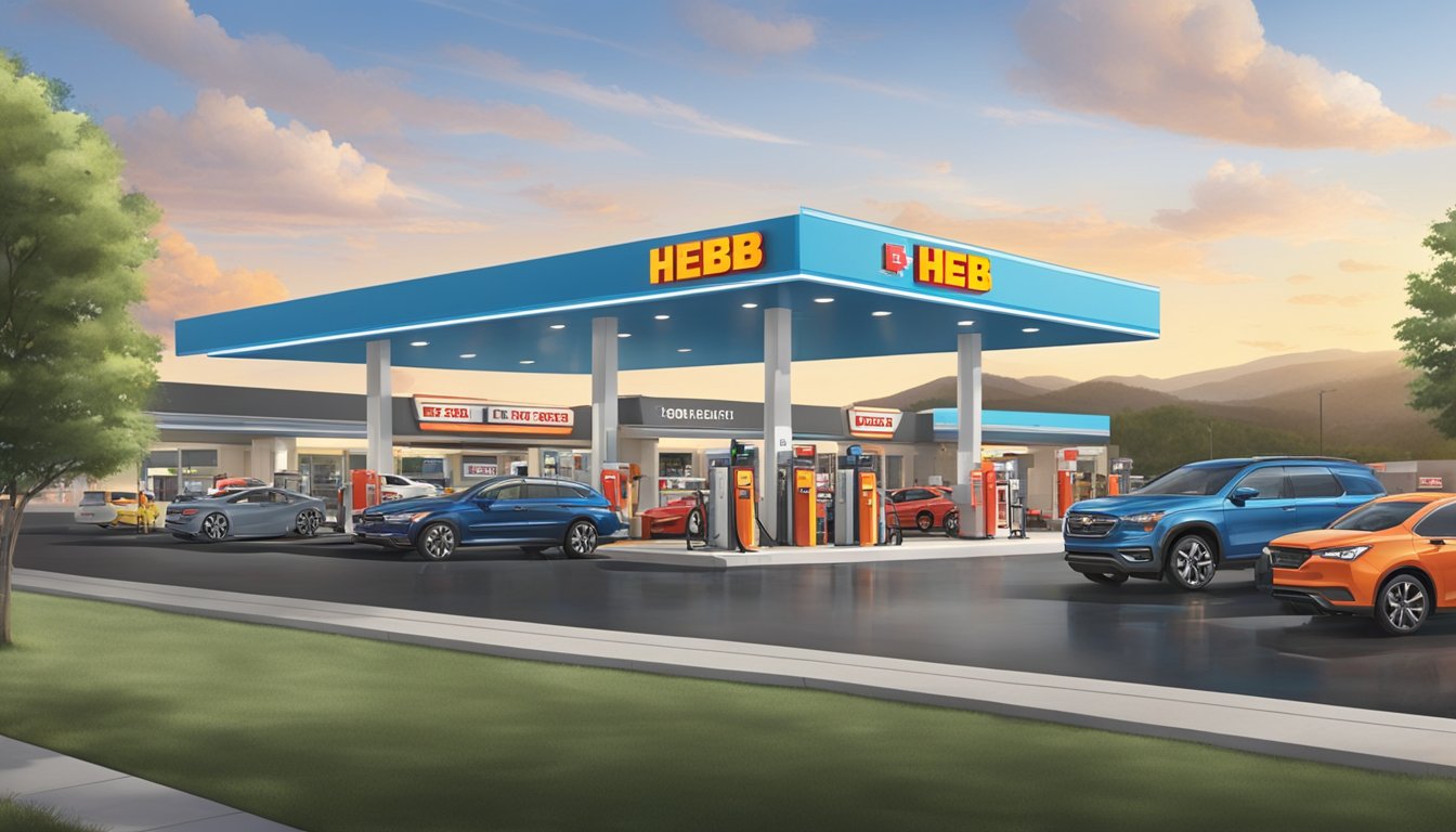 A bustling H-E-B fuel station with cars fueling up and a car wash in the background, surrounded by the company's subsidiaries and specialty stores