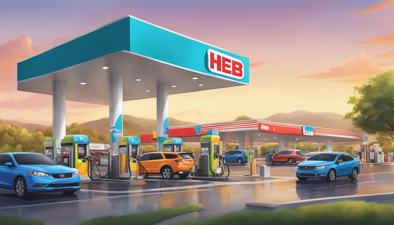 A bustling HEB fuel station with cars fueling up and getting washed, surrounded by a vibrant community