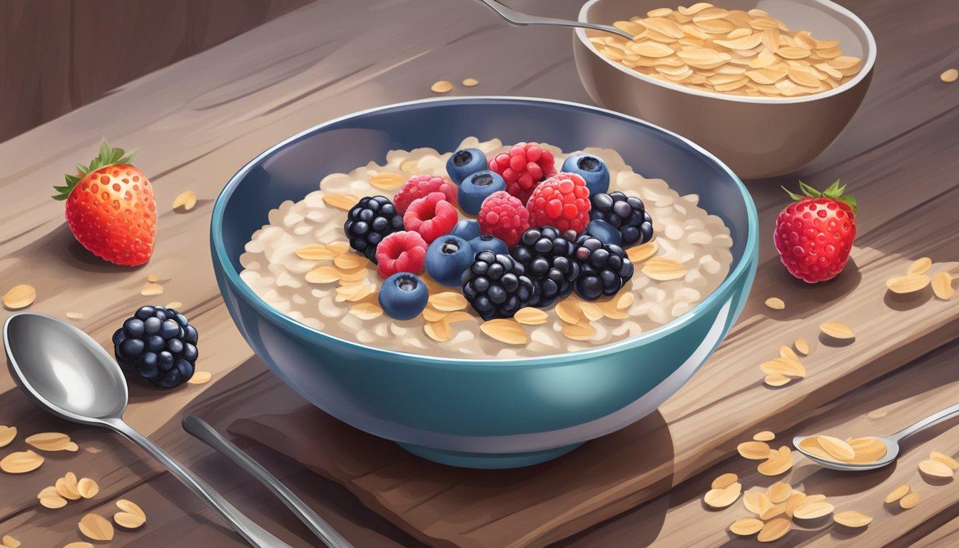 A bowl of oatmeal topped with fresh, vibrant berries sits on a rustic wooden table, surrounded by a scattering of loose oats and a dainty spoon