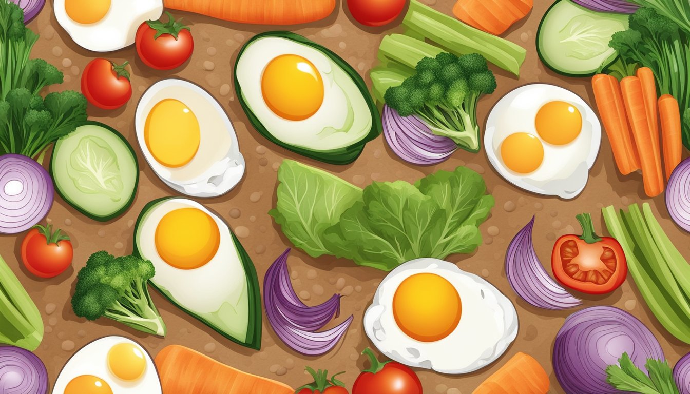 A colorful array of fresh vegetables and cracked eggs arranged on a whole wheat wrap