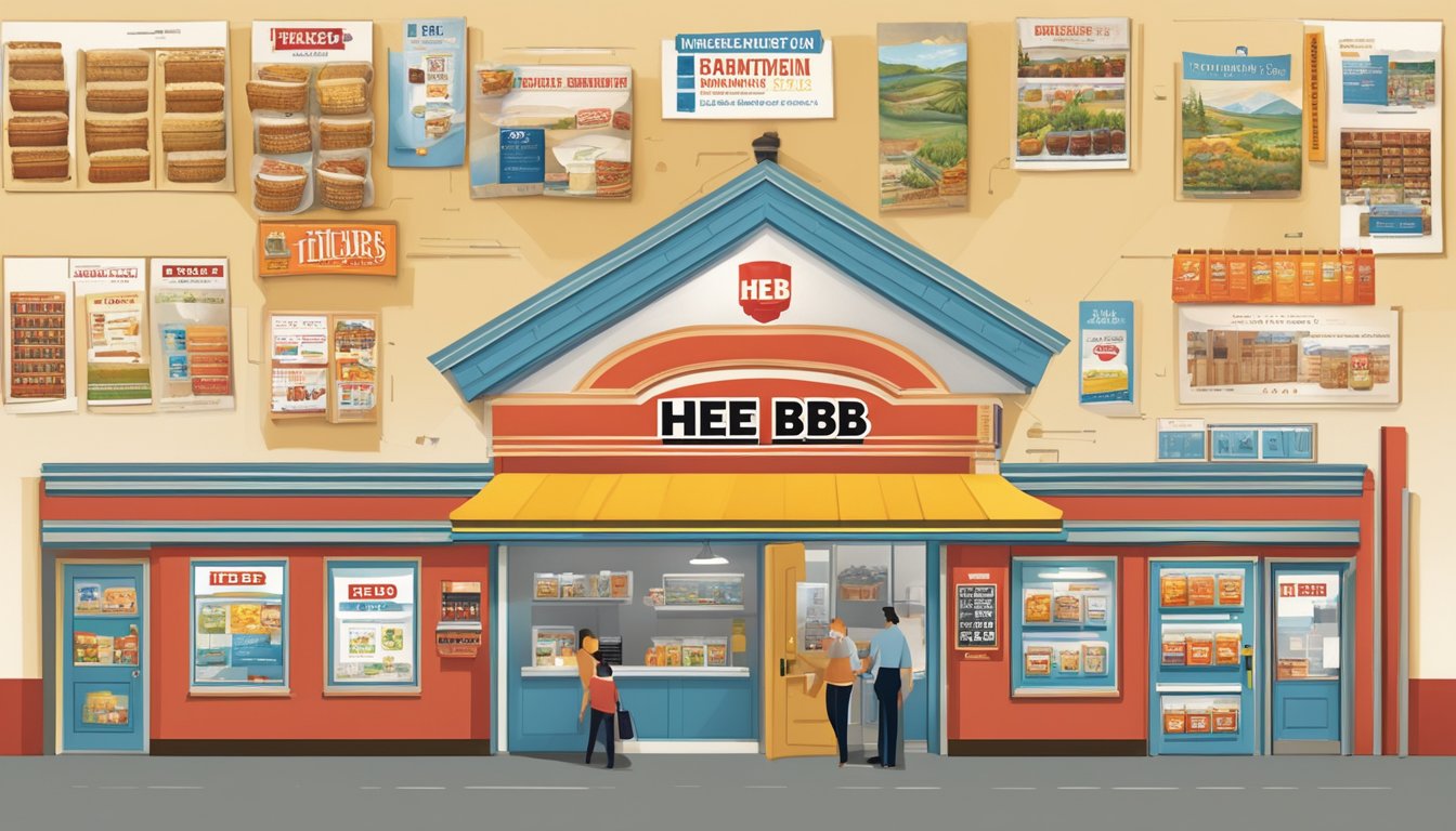 A timeline of store management and employee promotion, with H-E-B logos and historical images displayed on a wall