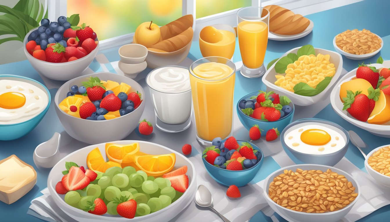 A colorful table set with a variety of healthy breakfast options, including fruits, whole grain cereals, yogurt, and milk, with cheerful decorations in the background