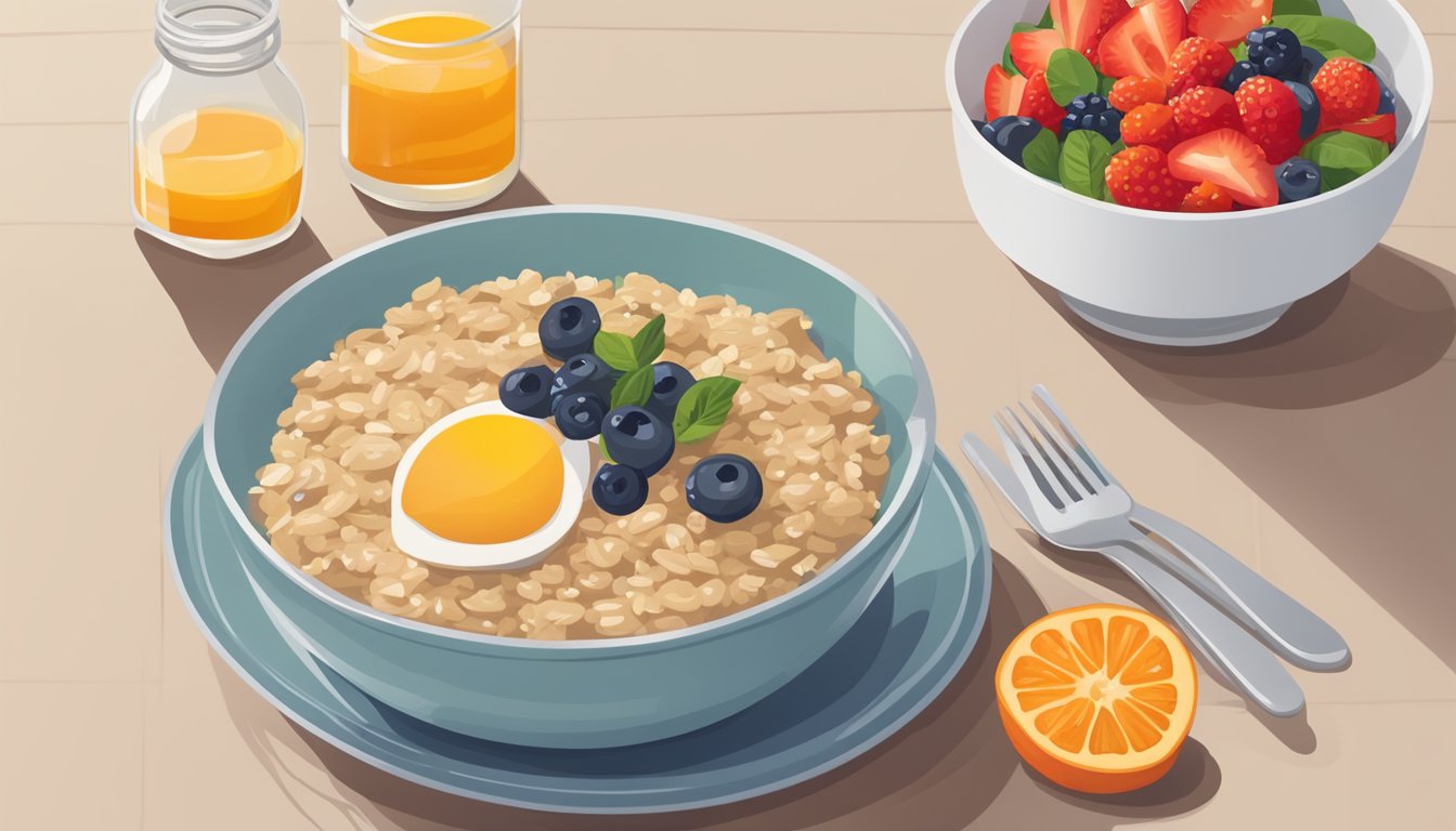 A bowl of oatmeal topped with fresh berries, nuts, and a drizzle of honey sits next to a glass of orange juice and a plate of whole grain toast with avocado and sliced tomatoes