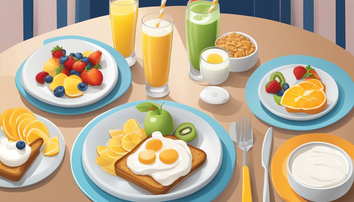 A colorful table setting with a variety of healthy breakfast options, such as fruit, yogurt, whole grain toast, and milk, arranged in a playful and inviting manner