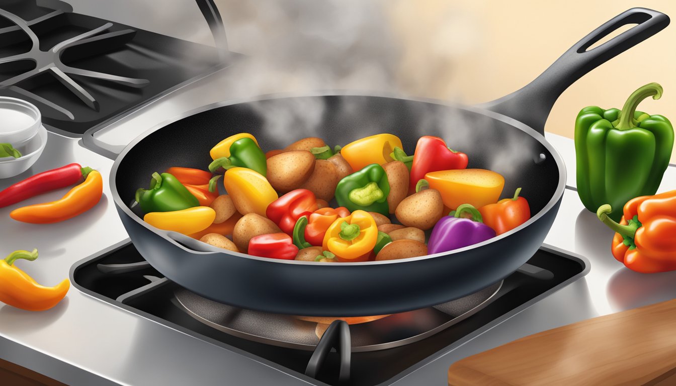 A sizzling skillet filled with roasted red potatoes and colorful bell peppers, steaming and ready to be served for breakfast