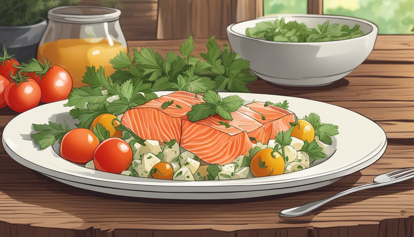 A plate of smoked salmon and potato salad sits on a rustic wooden table, surrounded by fresh herbs and a bowl of colorful cherry tomatoes