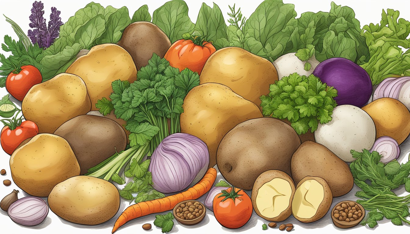 A colorful array of freshly harvested potatoes, surrounded by vibrant vegetables and a variety of herbs and spices, showcasing the versatility and nutritional benefits of this breakfast staple