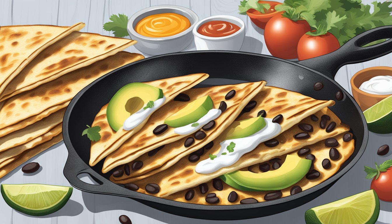 A sizzling skillet holds golden-brown quesadillas stuffed with creamy avocado and hearty black beans, accompanied by vibrant salsa and a dollop of sour cream