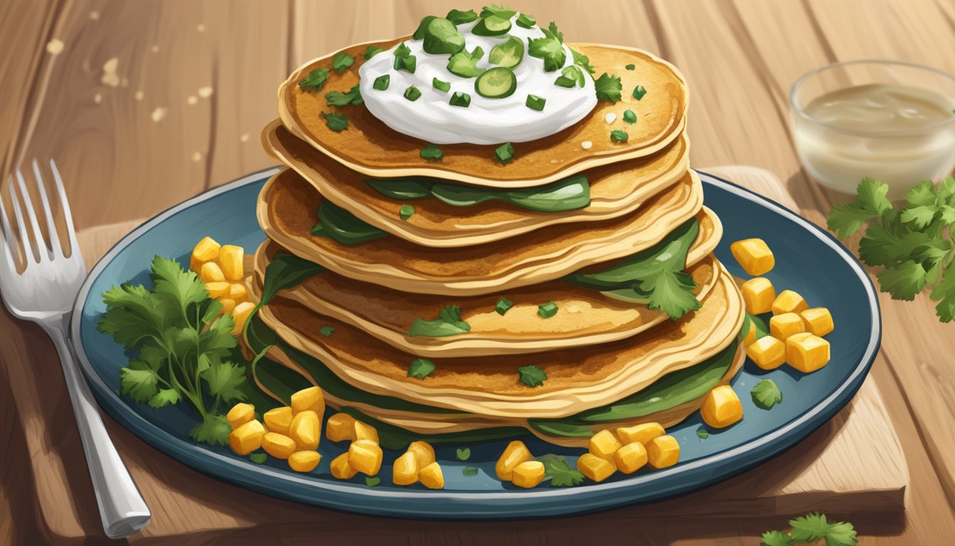 A stack of golden corn and poblano pepper pancakes topped with a dollop of sour cream and a sprinkle of fresh cilantro, served on a rustic wooden plate