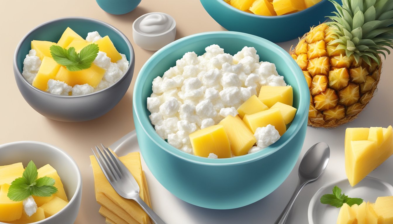 A bowl of cottage cheese topped with fresh pineapple, surrounded by a spread of colorful and nutritious breakfast options