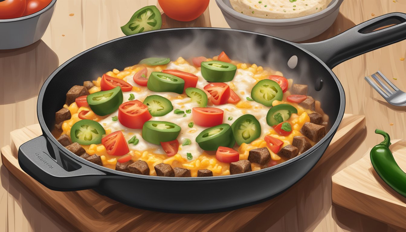 A sizzling skillet holds a breakfast burrito filled with diced tomatoes and jalapeños, steam rising from the spicy, savory filling