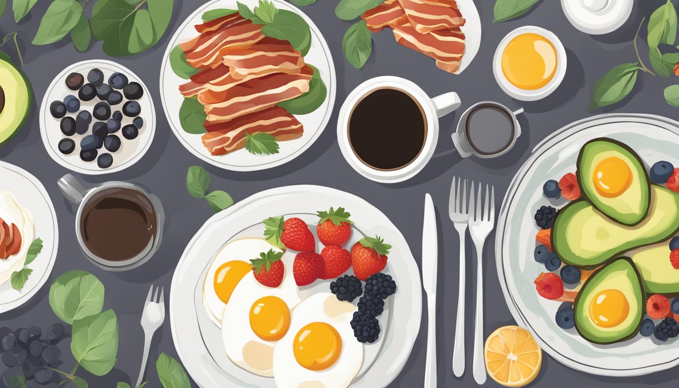 A table set with keto-friendly breakfast options: avocado, eggs, bacon, and berries. A cup of black coffee sits beside a plate of colorful, nutritious foods