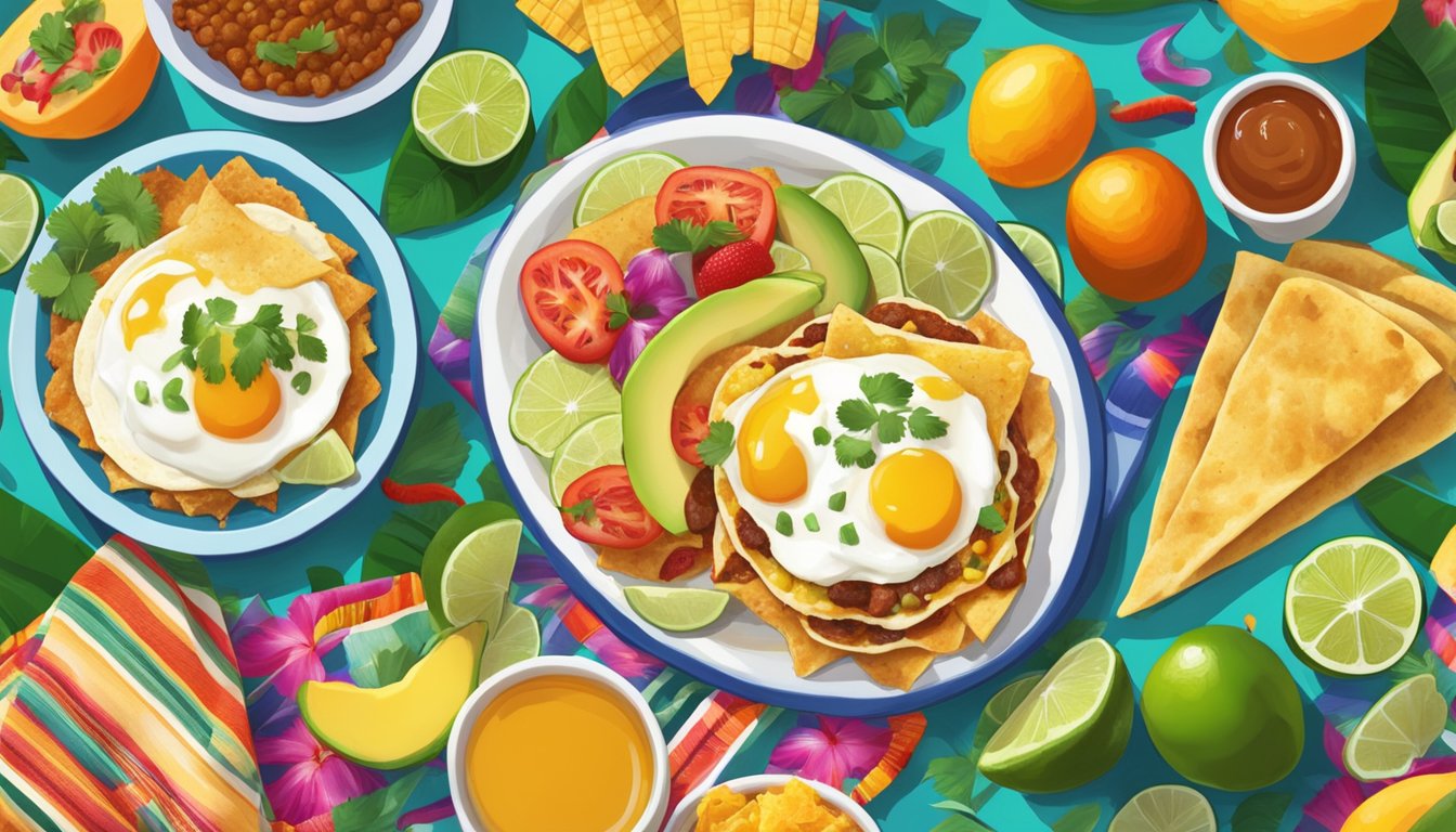 A colorful spread of traditional Mexican breakfast foods, including huevos rancheros, chilaquiles, and fresh tropical fruits, arranged on a vibrant tablecloth