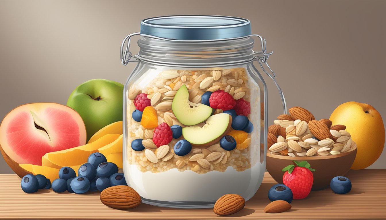 A mason jar filled with overnight oats and almond milk, surrounded by a variety of colorful fruits and nuts on a wooden table