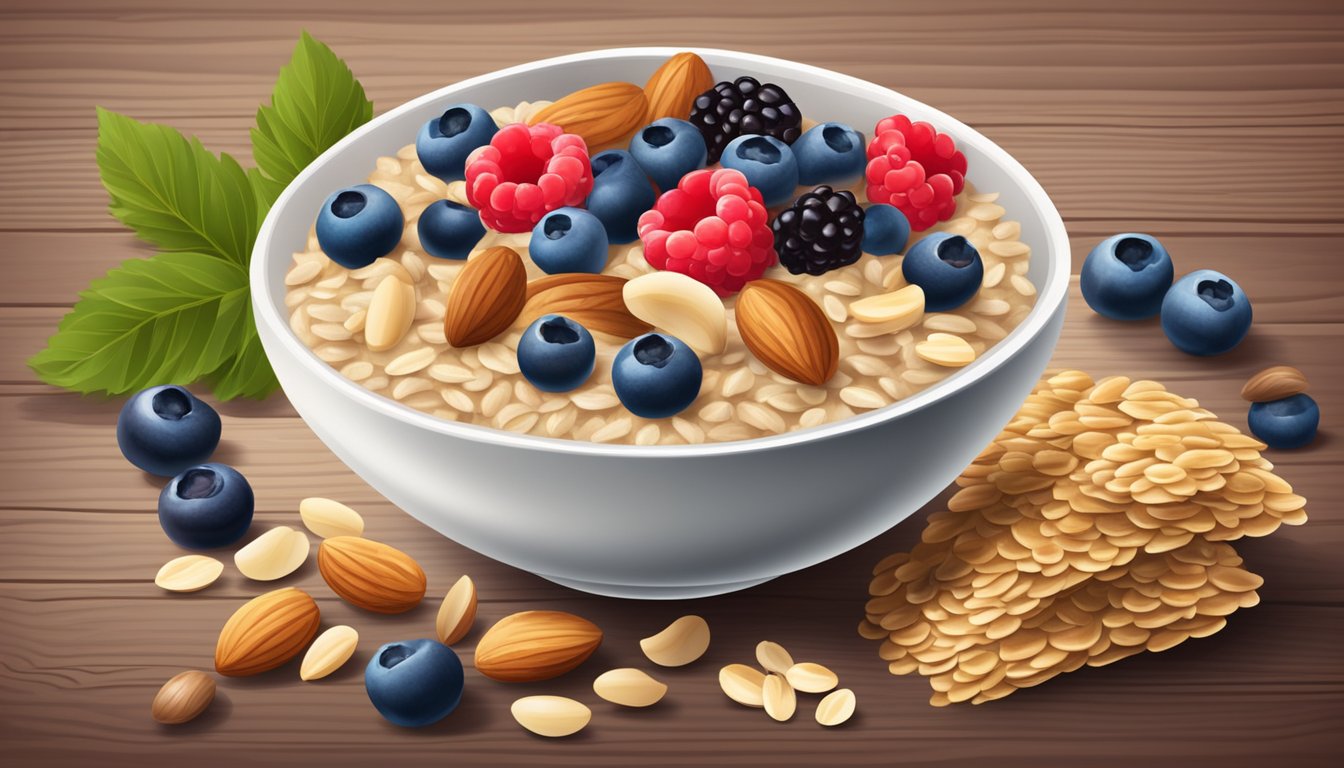 A bowl of oatmeal topped with mixed nuts and fresh berries on a wooden table