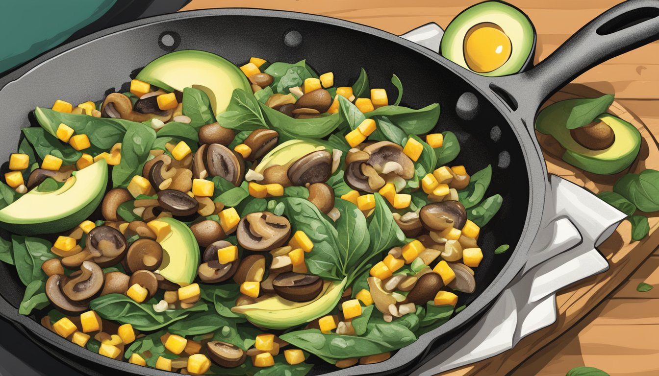 A sizzling skillet holds warm corn tortillas filled with sautéed mushrooms and spinach, topped with fresh avocado slices and a drizzle of tangy salsa