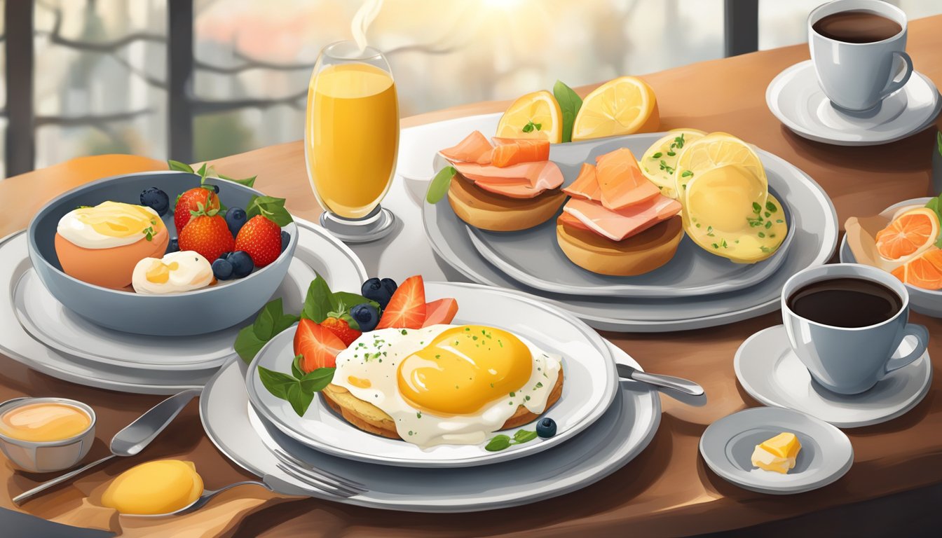 A festive breakfast spread featuring Eggs Benedict with smoked salmon, accompanied by a beautifully arranged assortment of seasonal fruits and a steaming cup of coffee