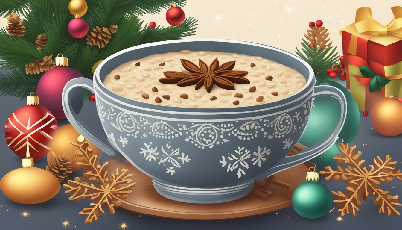 A steaming bowl of spiced chai oatmeal surrounded by festive holiday decorations