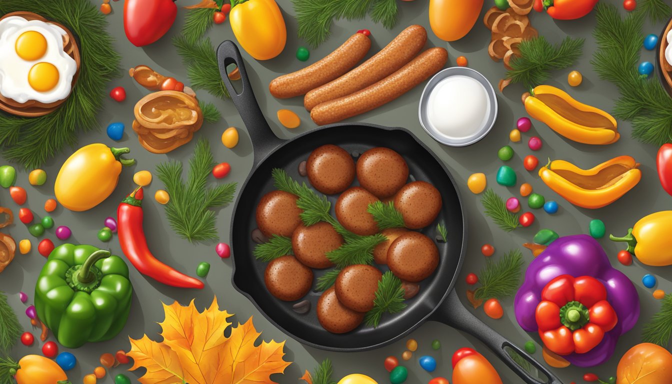 A sizzling skillet filled with maple sausage, eggs, and colorful bell peppers, surrounded by festive holiday decorations