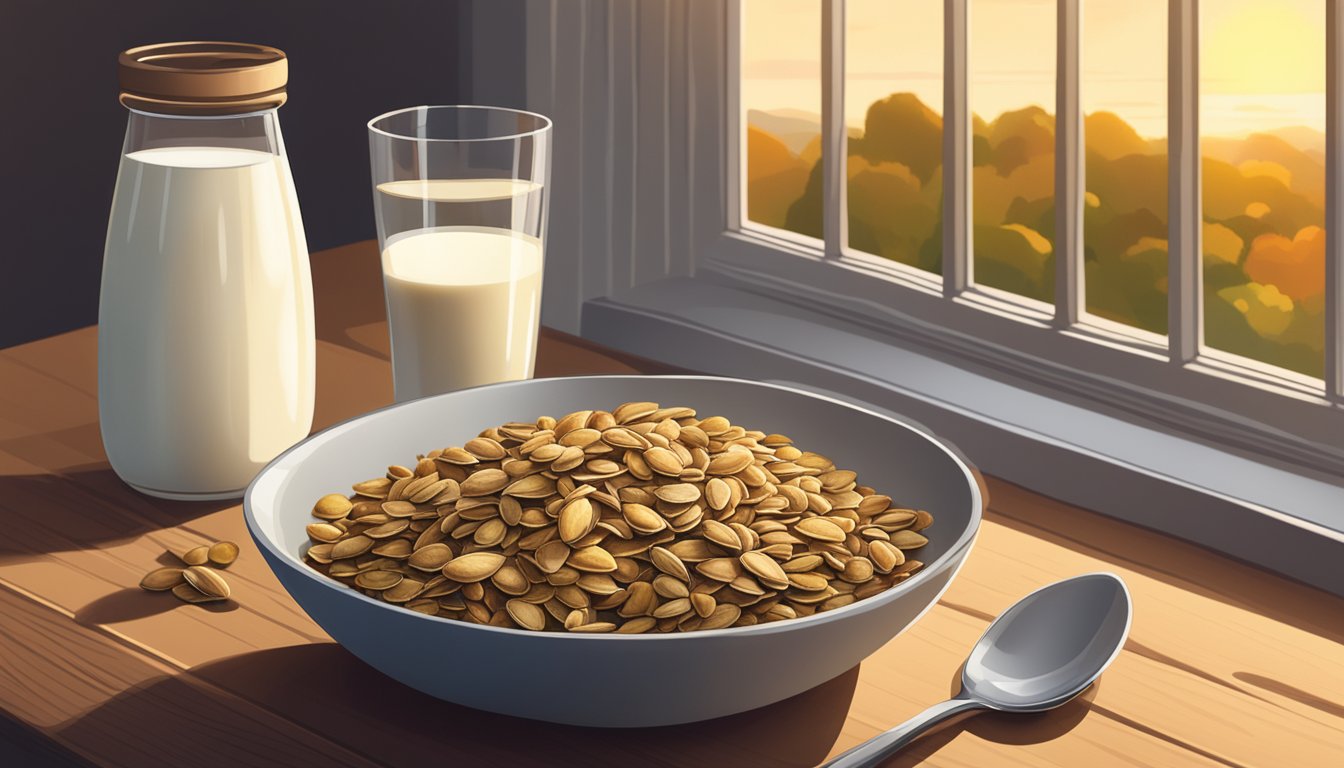 A bowl of pumpkin seed and almond granola sits next to a glass of milk on a wooden table, with sunlight streaming in from a nearby window