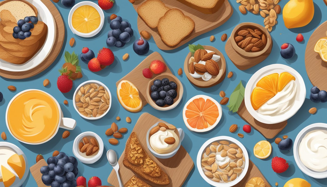 A festive Christmas breakfast spread with a variety of colorful fruits, whole grain bread, yogurt, and nuts displayed on a table