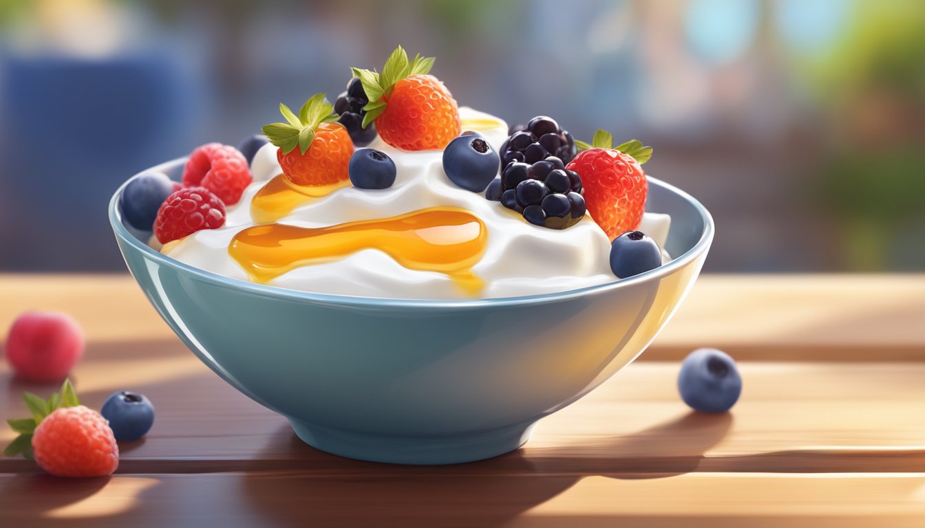 A bowl of Greek yogurt topped with a drizzle of honey and a colorful array of fresh berries sits on a wooden table in the soft morning light